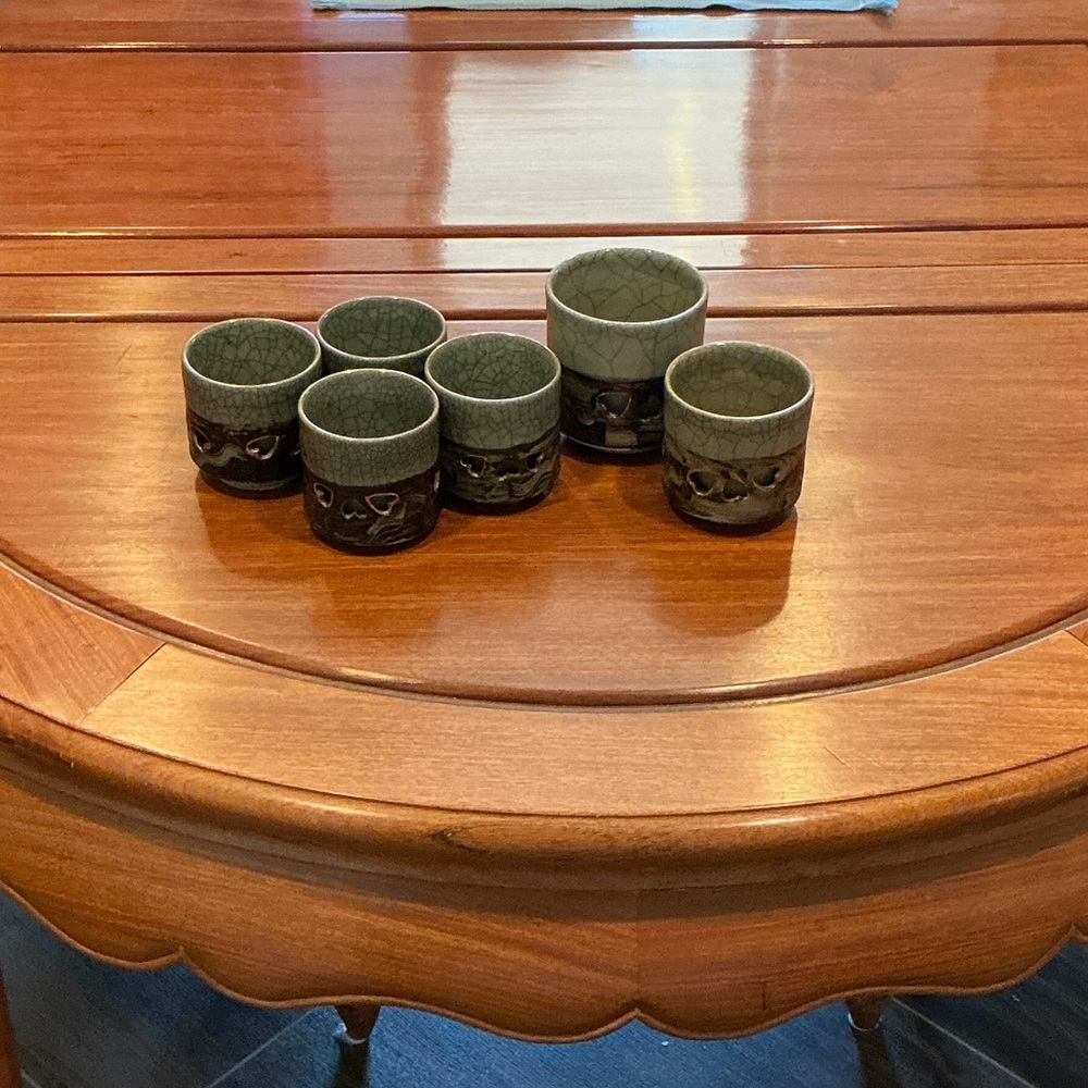 Japanese Soma-yaki Teacups Double Wall Crackle Finish Heart Motif.